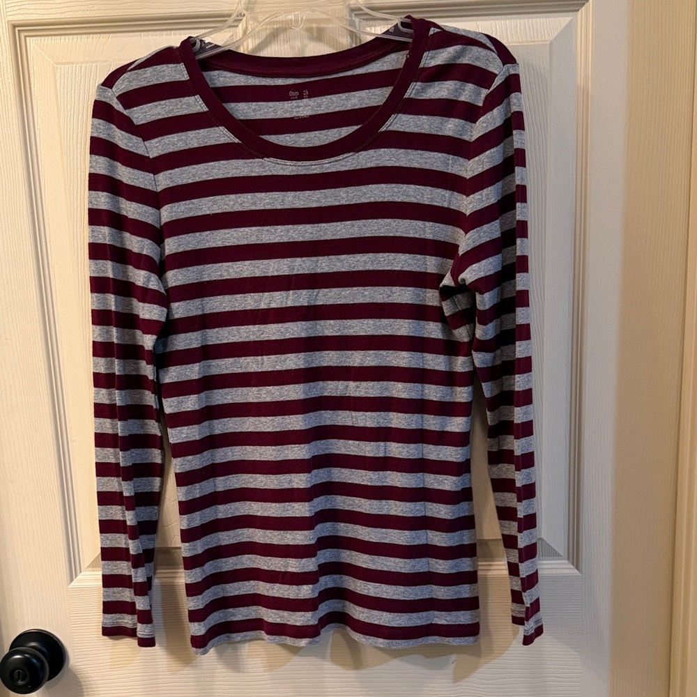 GAP Burgundy and Gray Striped Long Sleeve Tee